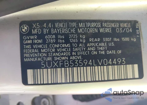 2004 BMW X5 4.4I из США, поврежденный, VIN 5UXFB53594LV04493